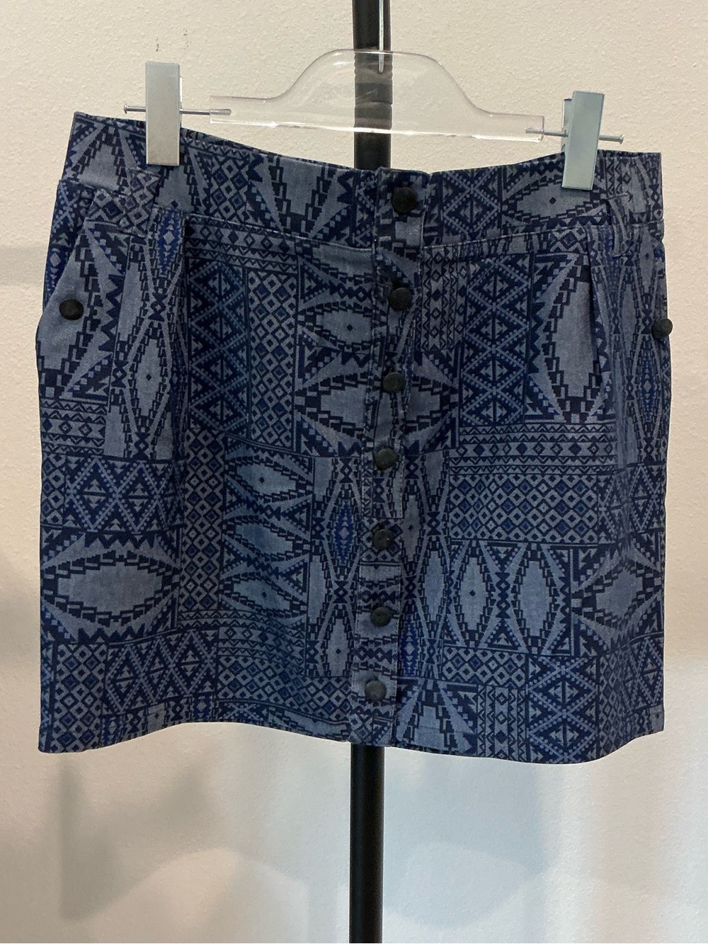 Cache Navy Patterned Button-Front Mini Skirt 42 Large